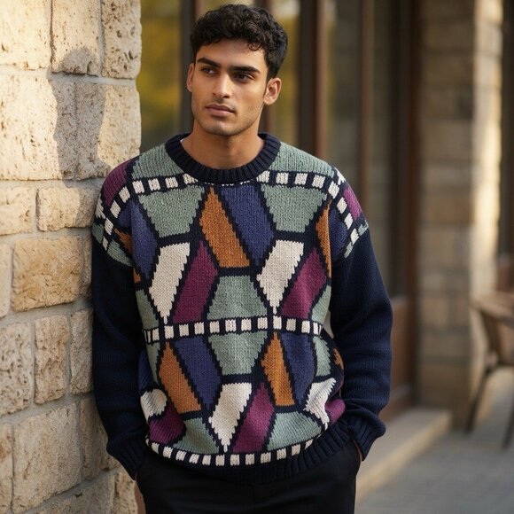 VTG Concrete Mix Sweater L Geometric Knit Colorblock 80s Retro Cosby Coogi Style - Picture 1 of 9